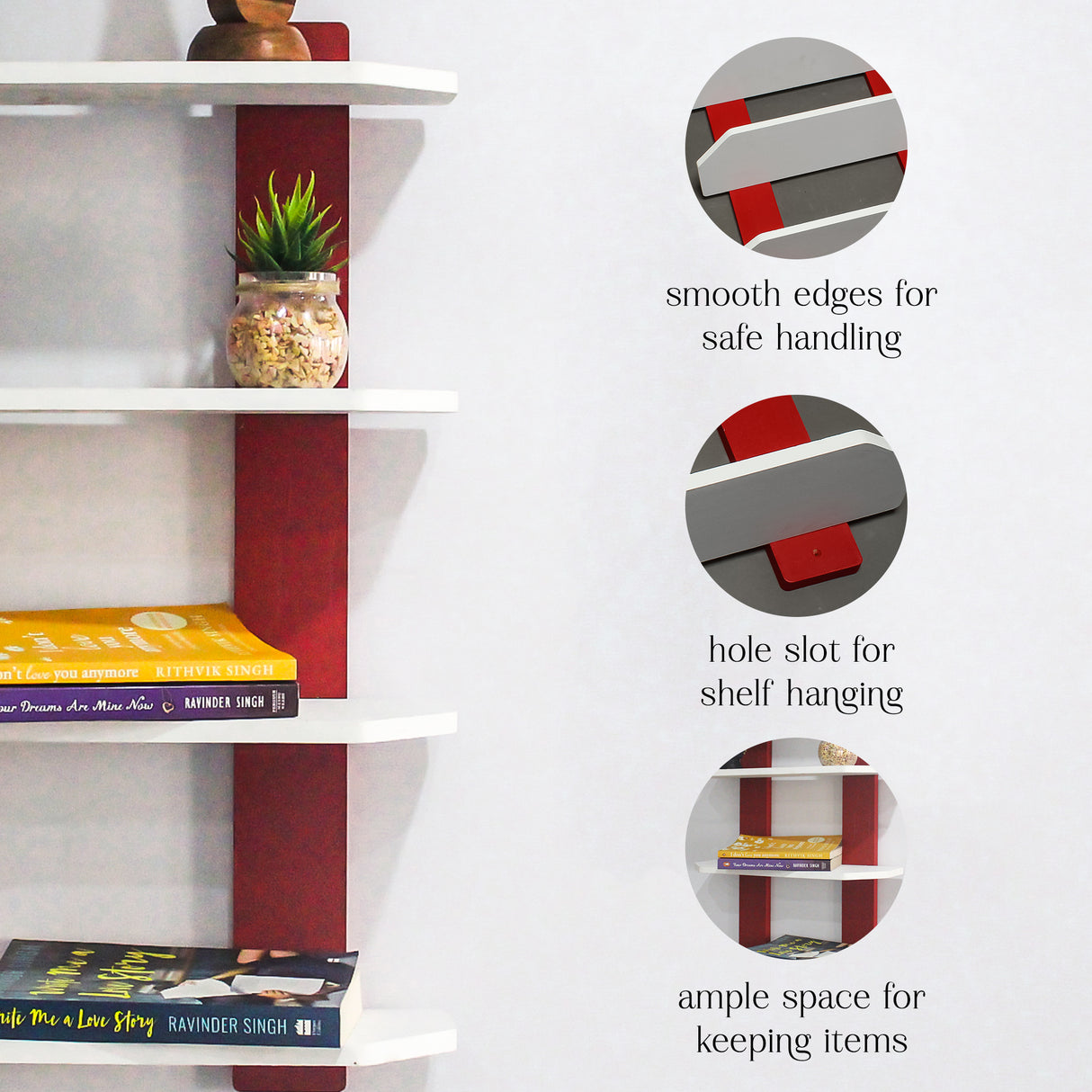 Modern Wooden Ladder Shape 4 Tier Wall Shelf (White & Red)