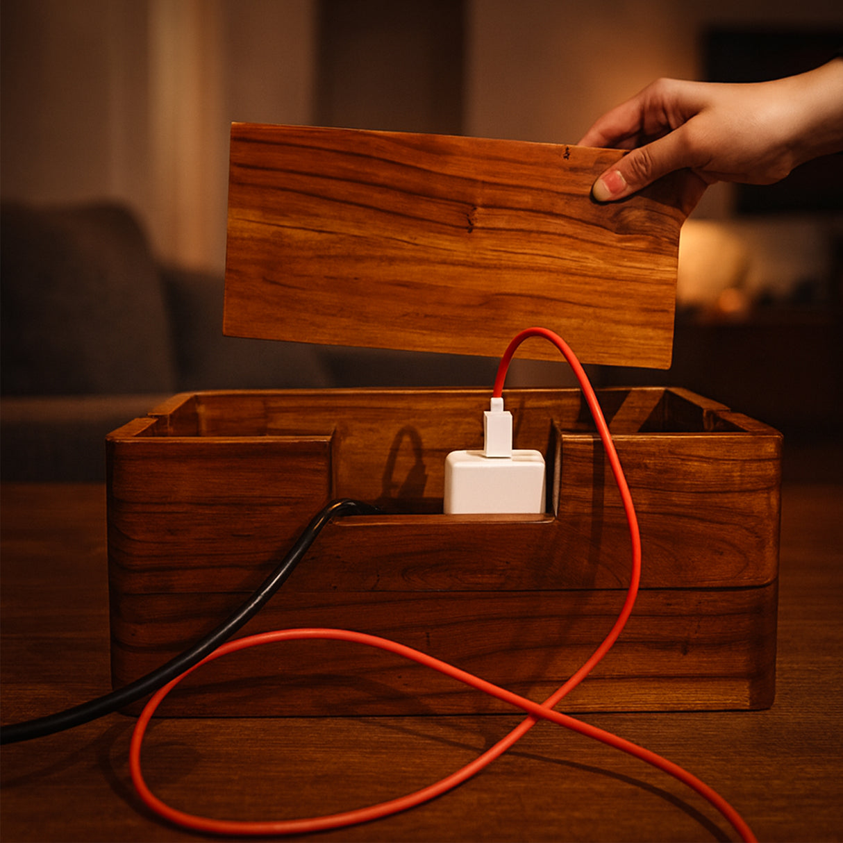 Handcrafted Wooden Cable Management Box - Premium Power Strip & Wire Organizer for Desk and Bedside