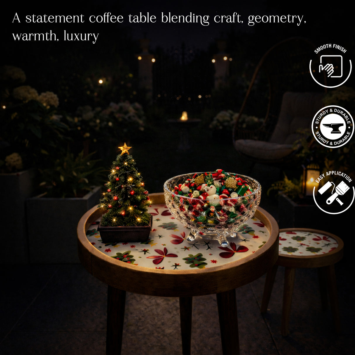 Handcrafted Wooden Coffee Table Set of 2 – Round Nesting Side Tables with Festive Printed Tray Top – Solid Wood Accent Tables for Living Room, Bedroom & Balcony Décor