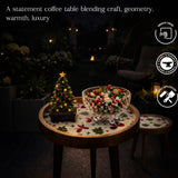 Handcrafted Wooden Coffee Table Set of 2 – Round Nesting Side Tables with Festive Printed Tray Top – Solid Wood Accent Tables for Living Room, Bedroom & Balcony Décor