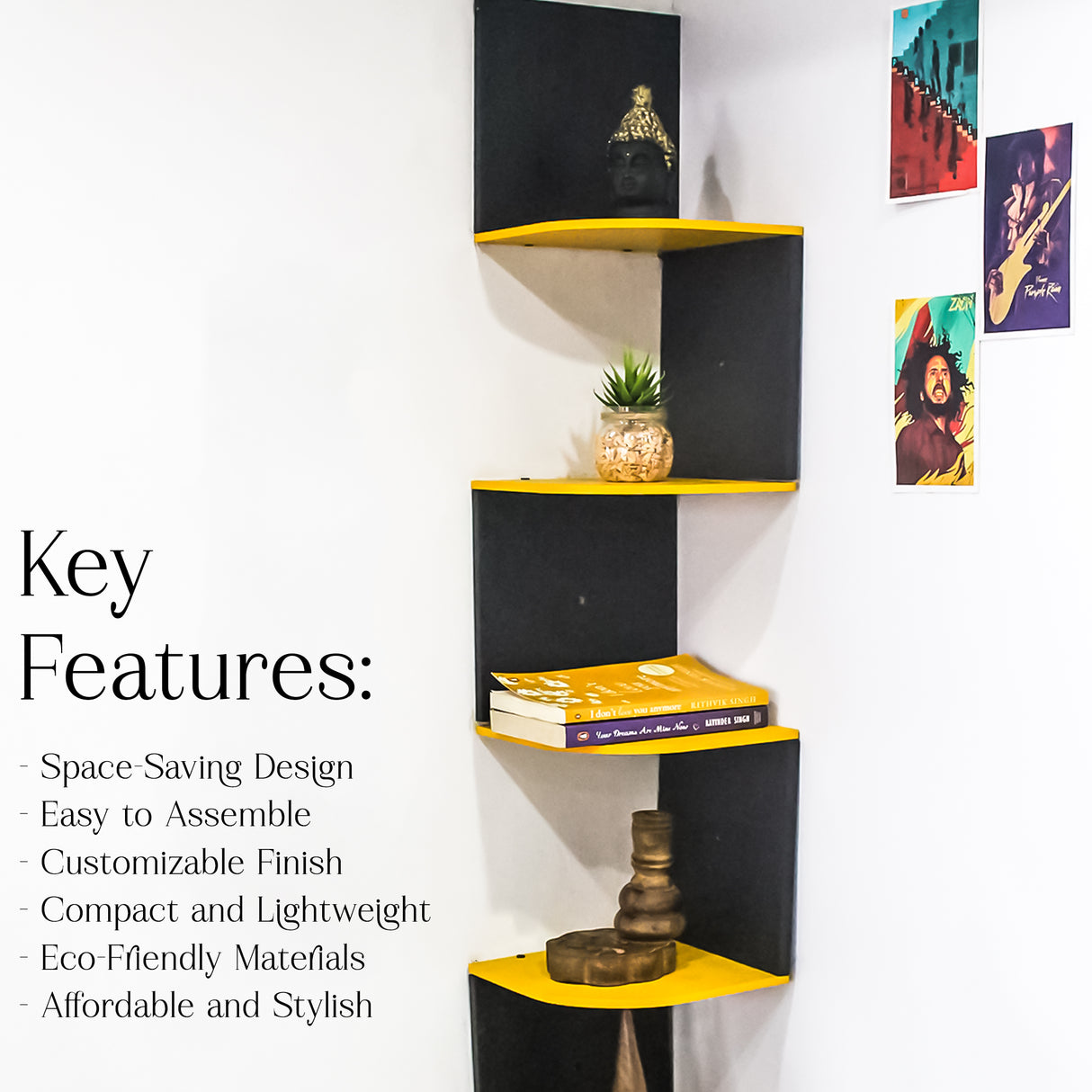 5-Tier Floating Corner Wall Shelf (Yellow & Black)