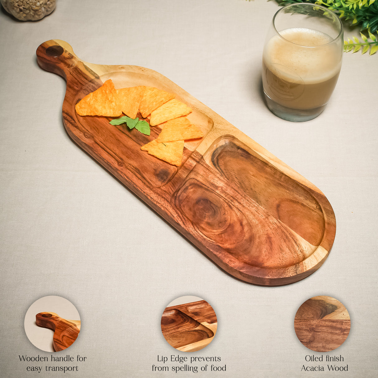 Long Acacia Wood 2-Section Serving Board with Handle – Dark Finish for Cheese & Meat