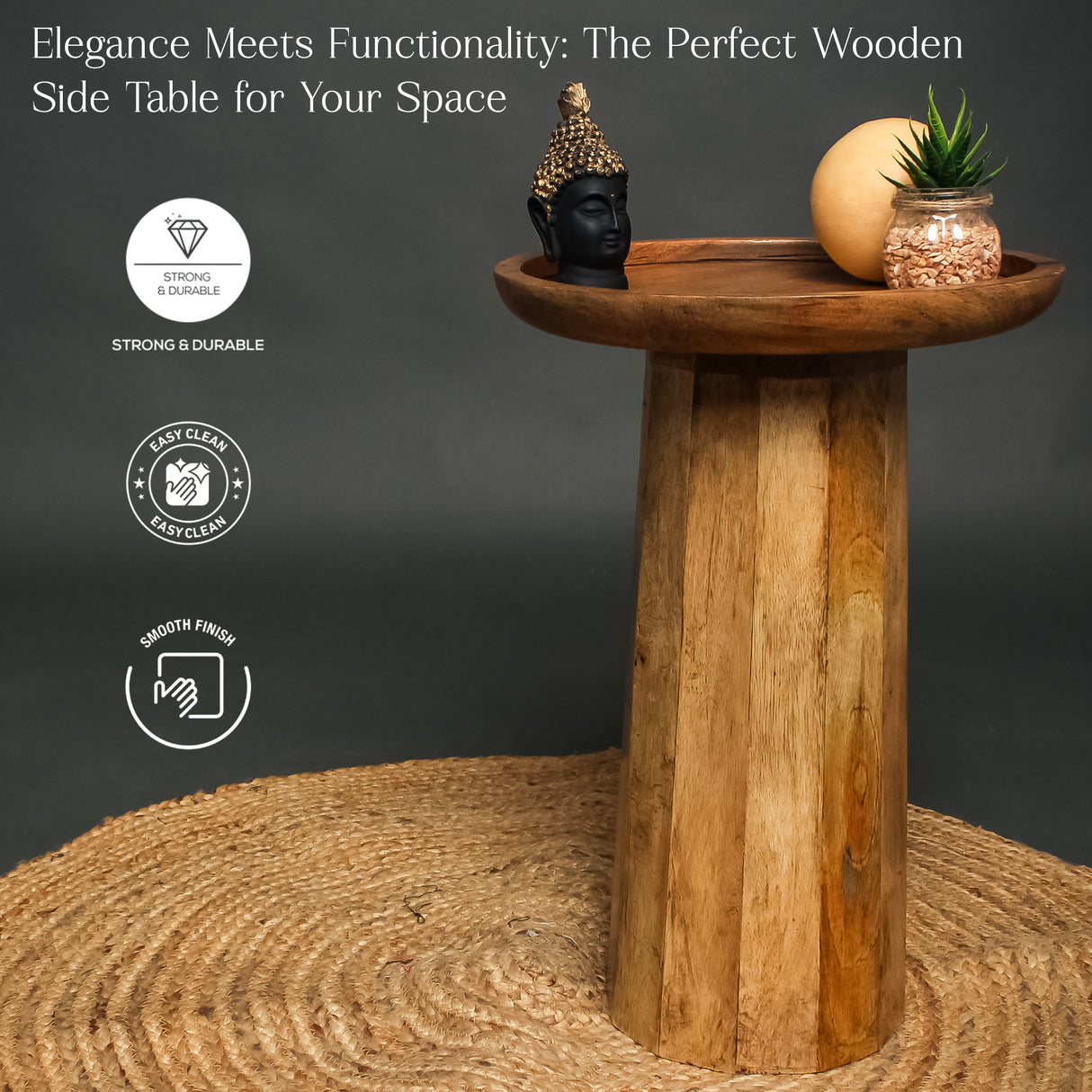 Natural Finish Round Solid Mango Wood Accent Table for Home Furniture