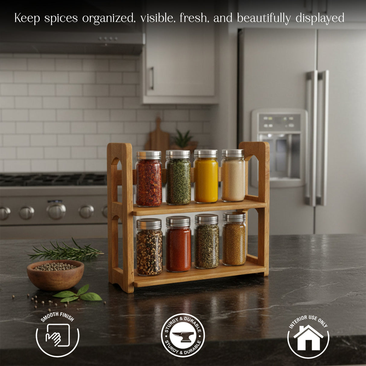 2-Tier Wooden Spice Rack for Kitchen Counter – Masala Organizer Stand for Spice Bottles, Herbs & Condiments