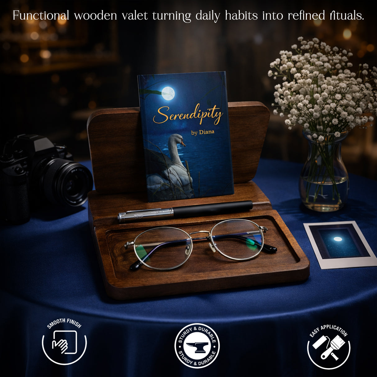 Handcrafted Wooden Book Valet & Nightstand Organizer – Premium Reading Stand with Glasses, Phone & Pen Holder