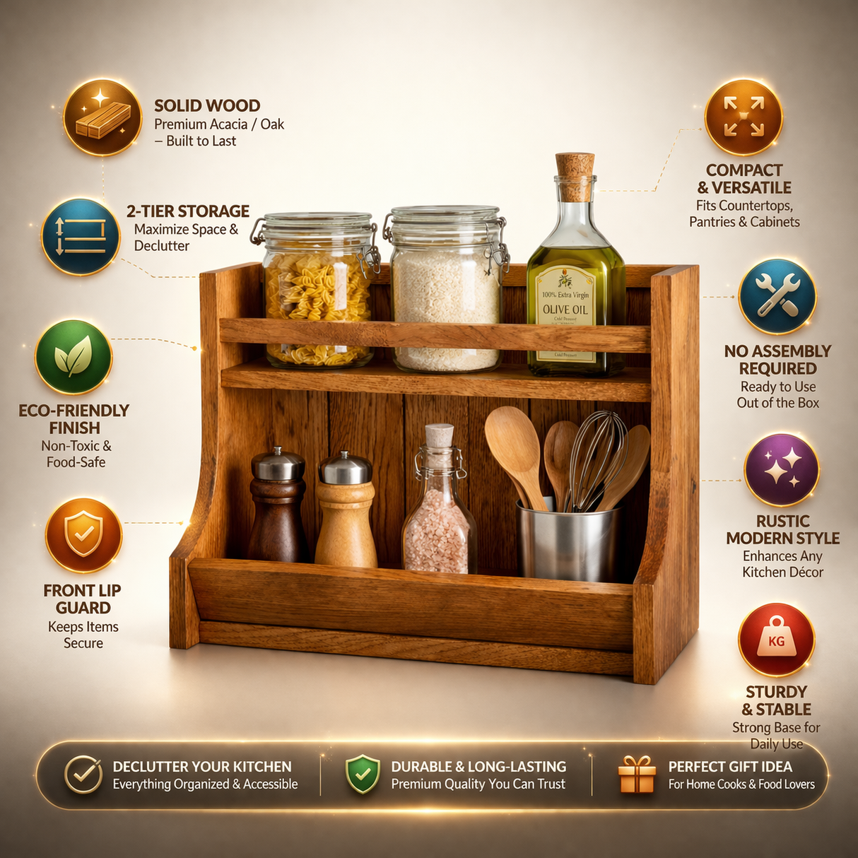 Wooden Kitchen Counter Organizer Rack – Spice Rack & Storage Shelf for Kitchen Countertop, Rustic Wooden Kitchen Organizer