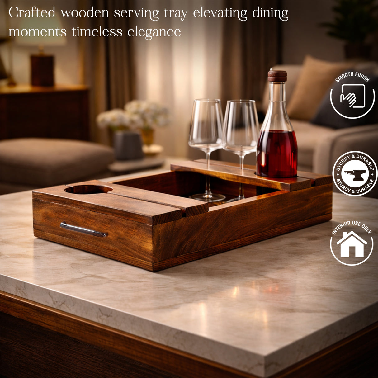 Wooden Wine Serving Tray for Bottle & Glasses – Charcuterie Board with Bronze Handles