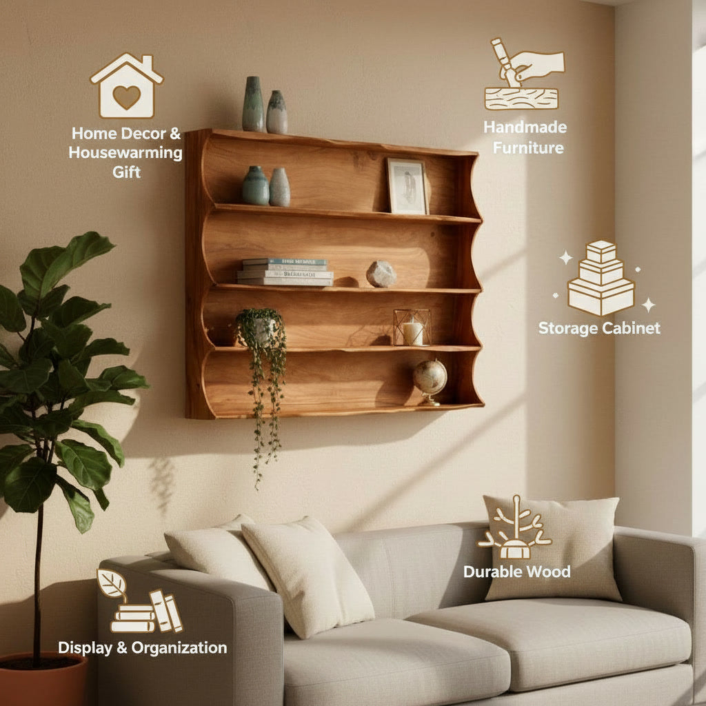 Handcrafted Solid Wood Wall Shelf – Elegant Floating Bookshelf for Living Room, Study & Office – Decorative Storage & Display Rack