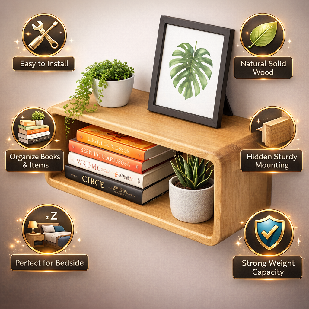 Floating Bedside Table Wall Mounted – Wooden Nightstand Shelf for Bedroom Storage & Home Décor