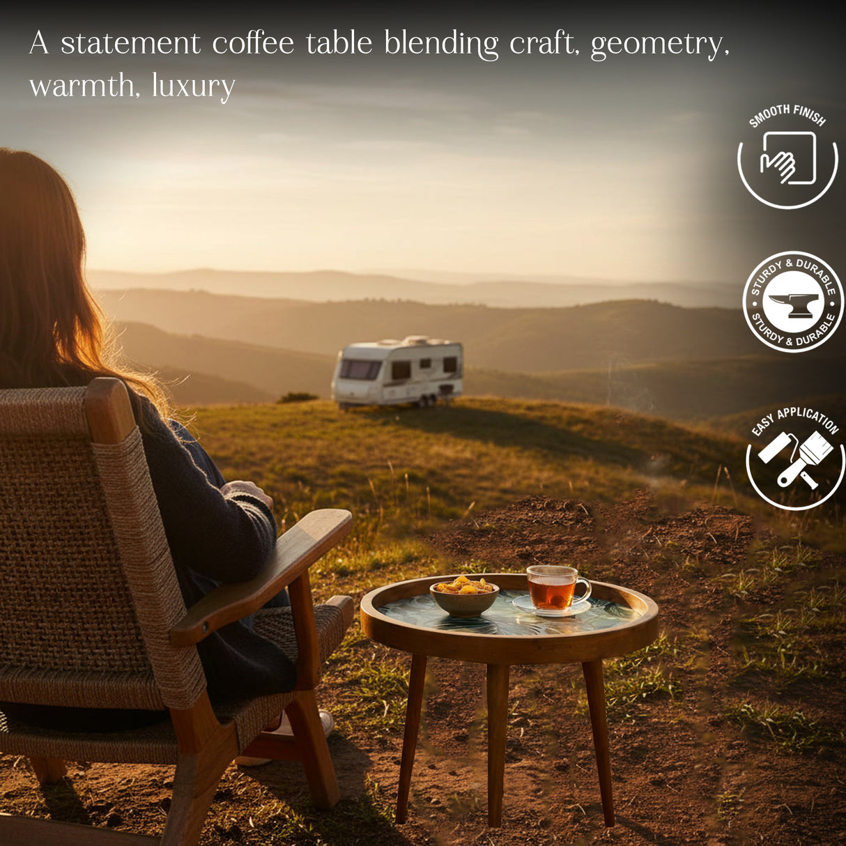 Handcrafted Wooden Round Side Table with Floral Inlay Top – Solid Wood Accent Table for Living Room, Bedroom & Home Décor