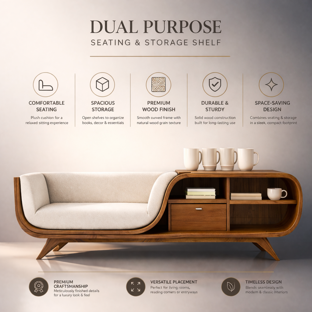 Mid-Century Modern Teak Wood Storage Sofa Bench with Shelves | Space-Saving Wooden Couch for Living Room Decor