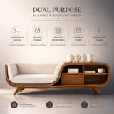 Mid-Century Modern Teak Wood Storage Sofa Bench with Shelves | Space-Saving Wooden Couch for Living Room Decor