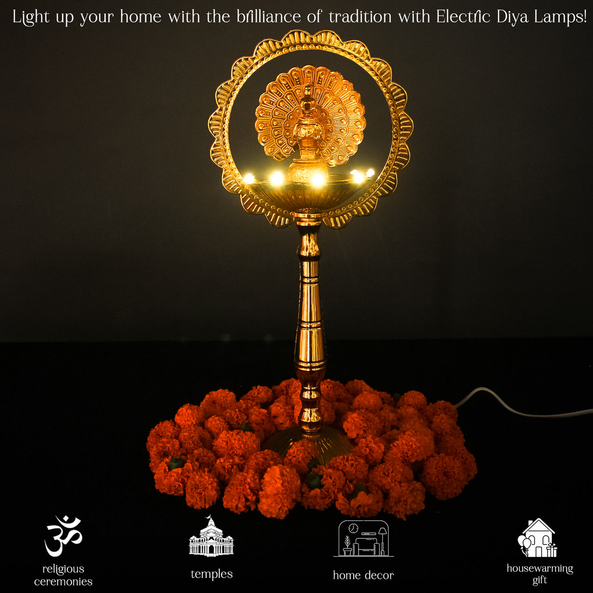 Saleberate Electric LED Diya Lamp - Golden Plastic Pooja Light with Peacock Design - Home Temple Decor, Mandir Diya for Diwali & Religious Ceremonies (15 Inch)