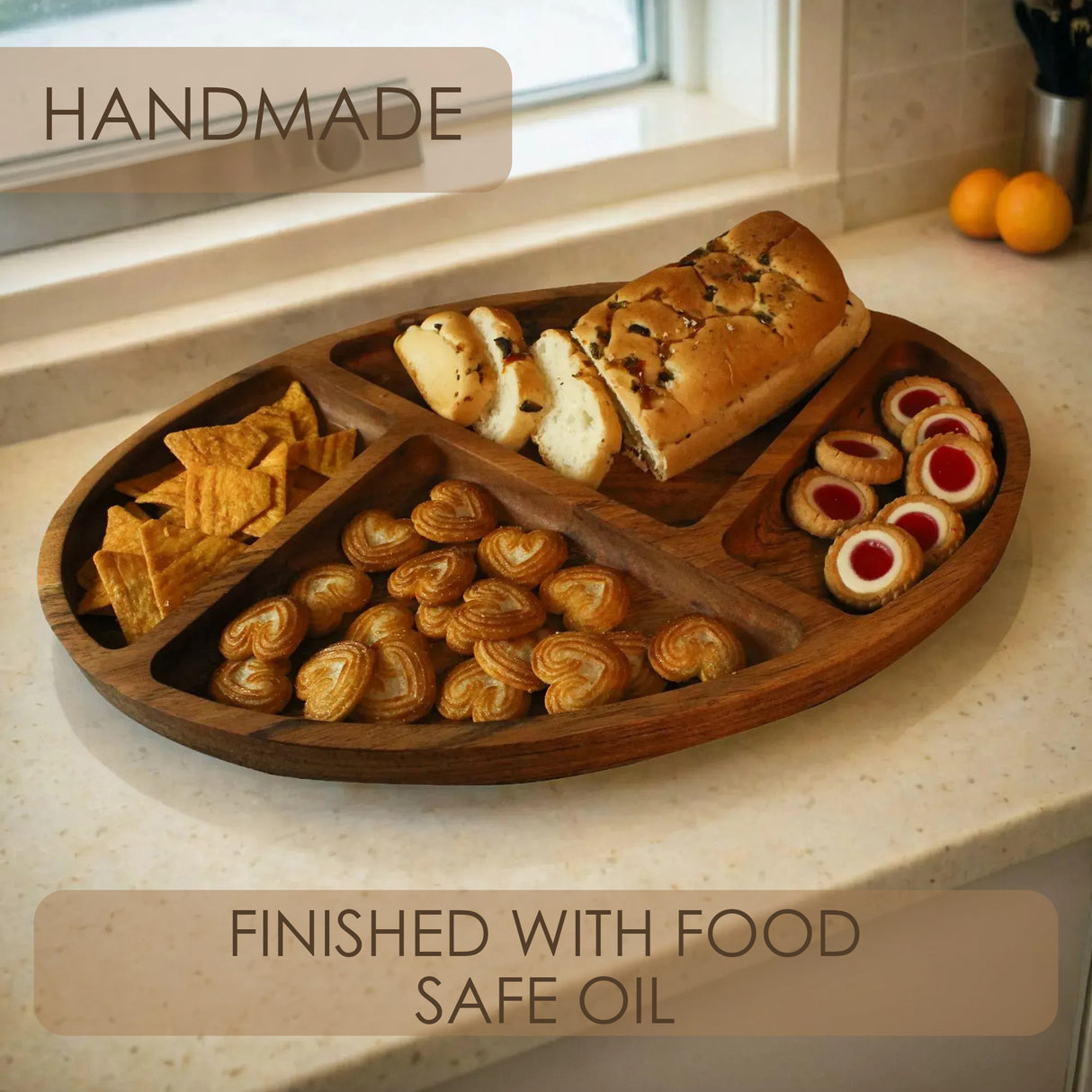 Wooden Multi-Section Serving Platter – Divided Snack & Appetizer Tray for Entertaining