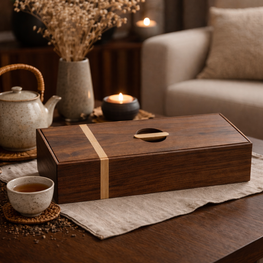 Luxury Walnut Tea Box with Maple Inlay – Wooden Tea Organizer for Tea Bags, Kitchen & Gifts