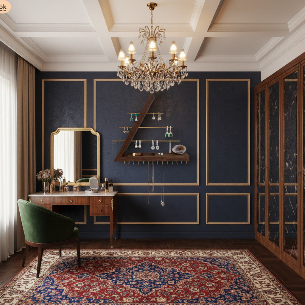 Modern Wooden Jewelry Organizer Wall Shelf with Brass Bars – Sculptural Display & Storage Rack for Necklaces, Earrings & Rings