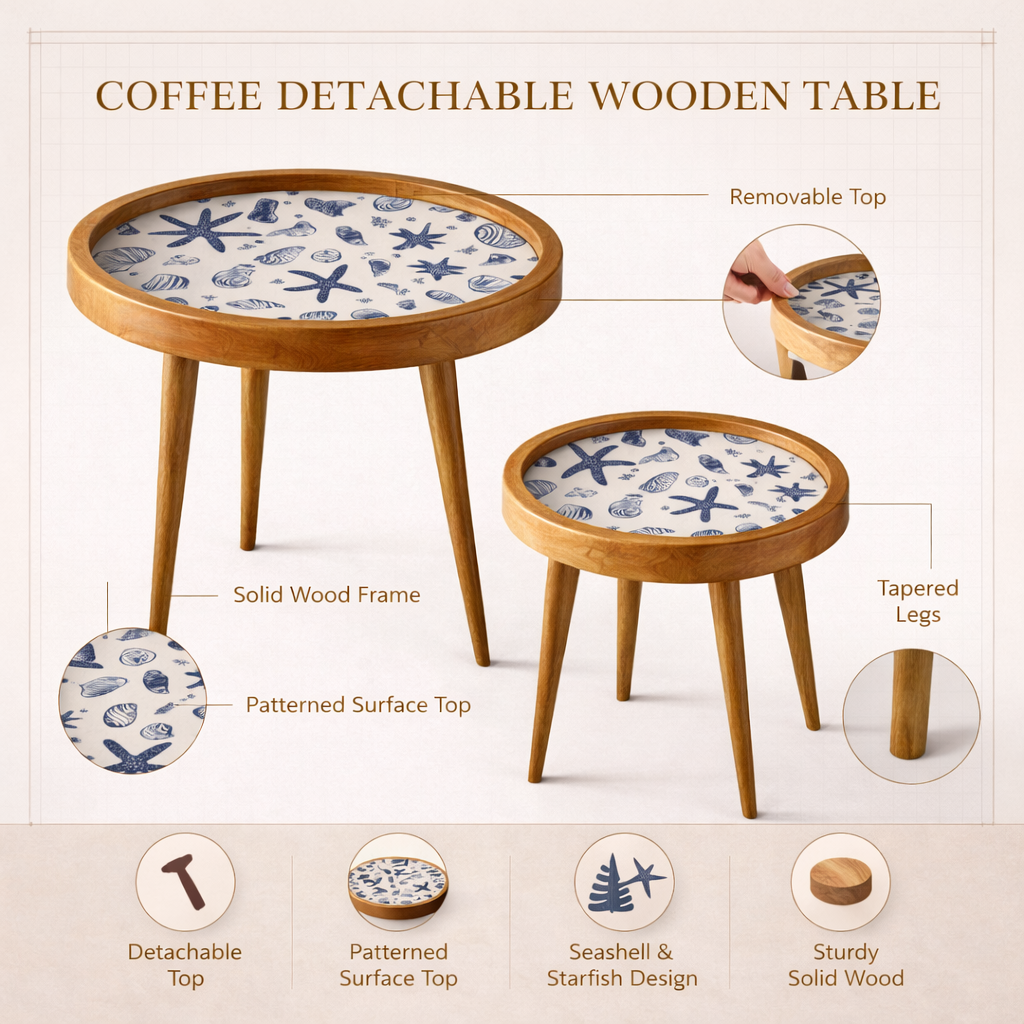 Solid Wood Round Coffee Table Set of 2 with Coastal Seashell & Starfish Print - Handmade Tray-Top Nesting Side Tables for Living Room, Bedroom & Balcony Décor