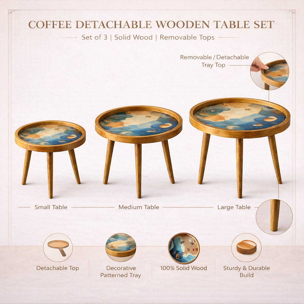 Set of 3 Wooden Nesting Coffee Tables – Handcrafted Mid-Century Style for Modern Living Rooms