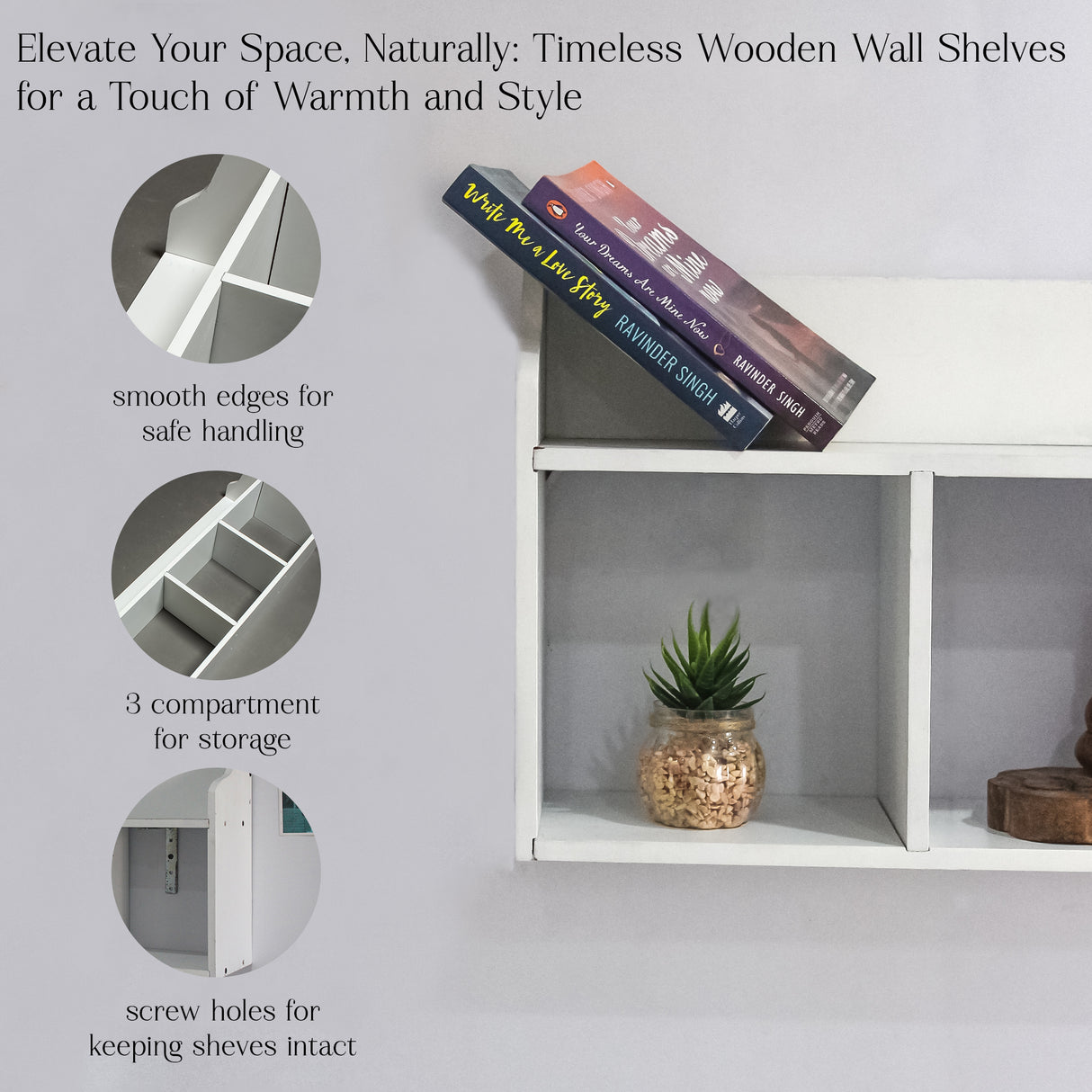 DIY Wooden Floating Shelf with Compartments (White)