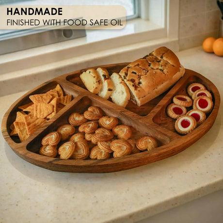 Wooden Multi-Section Serving Platter – Divided Snack & Appetizer Tray for Entertaining