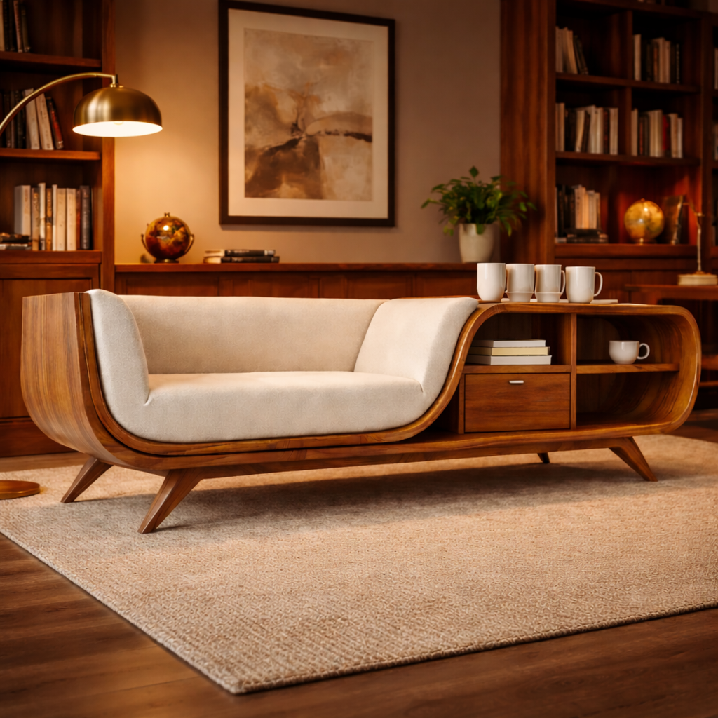 Mid-Century Modern Teak Wood Storage Sofa Bench with Shelves | Space-Saving Wooden Couch for Living Room Decor