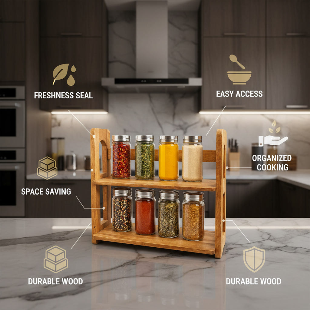 2-Tier Wooden Spice Rack for Kitchen Counter – Masala Organizer Stand for Spice Bottles, Herbs & Condiments