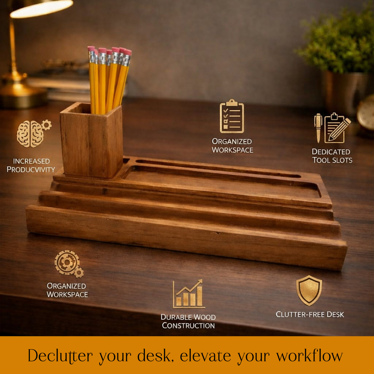 Wooden Desk Organizer & Pen Holder – Solid Wood Desktop Stationery Stand for Office Table, Study Desk & Home Workspace