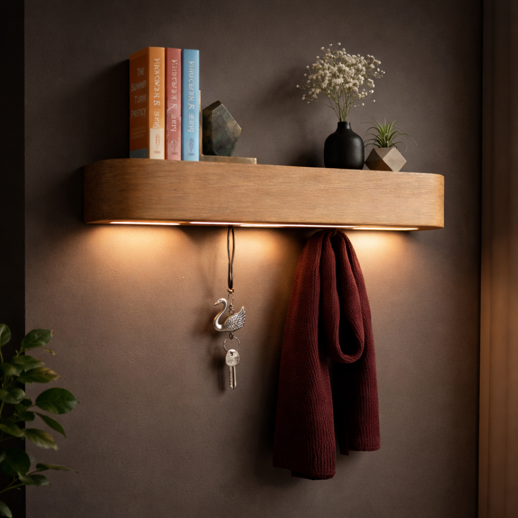 Floating Wall Shelf with Hooks – Wooden Entryway Organizer, Key Holder, Coat Rack & Storage Shelf for Home