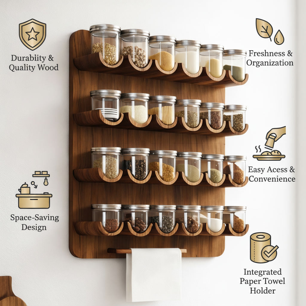 Premium Wooden Wall Spice Rack Organizer with Jars – Vertical Space Saving Masala Stand for Modern Kitchens