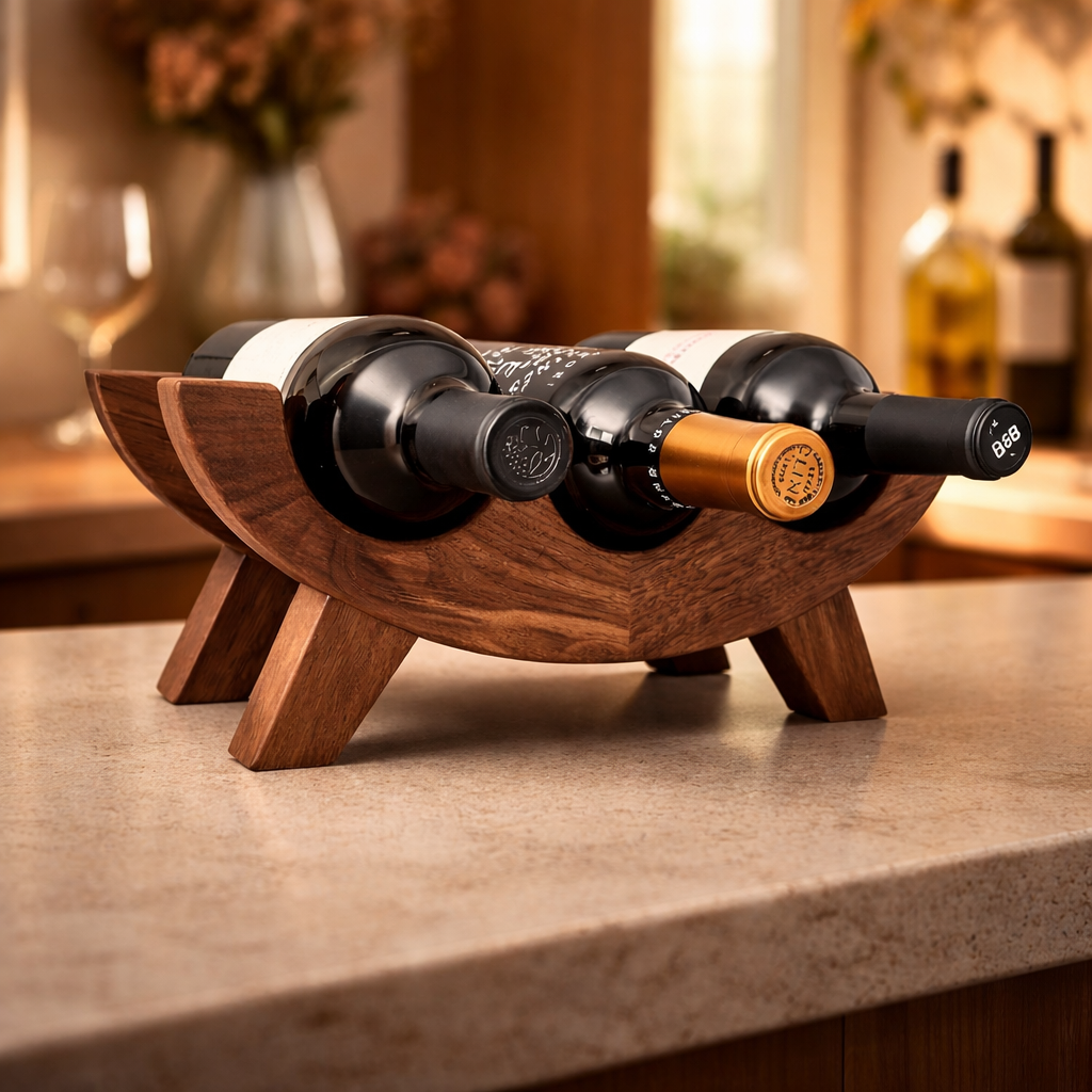 Wooden Wine Rack – Modern Countertop Wine Bottle Holder – Decorative Solid Wood Wine Stand for Kitchen, Bar & Dining