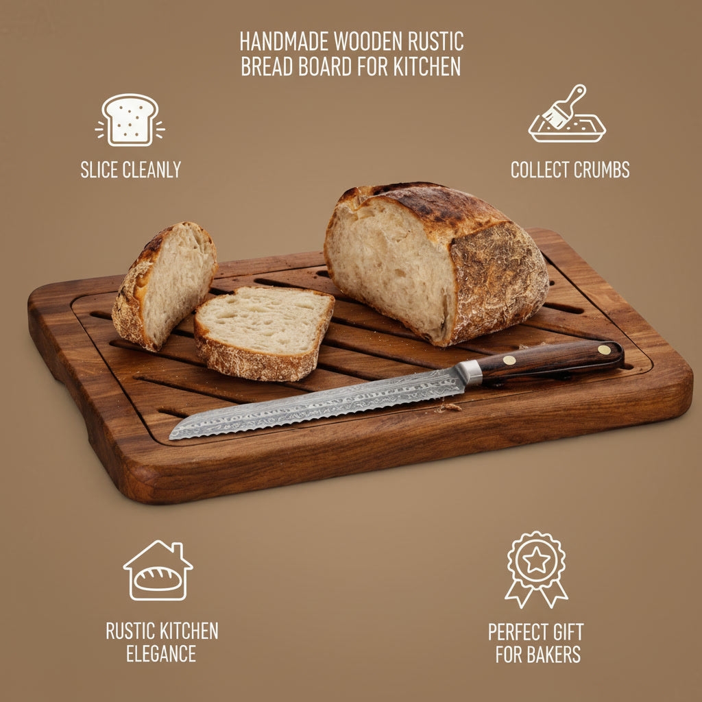 Handcrafted Walnut Bread Cutting Board with Removable Crumb Tray – Rustic Wooden Bread Slicer for Sourdough, Artisan Loaf & Kitchen Serving – Durable Premium Kitchen Board