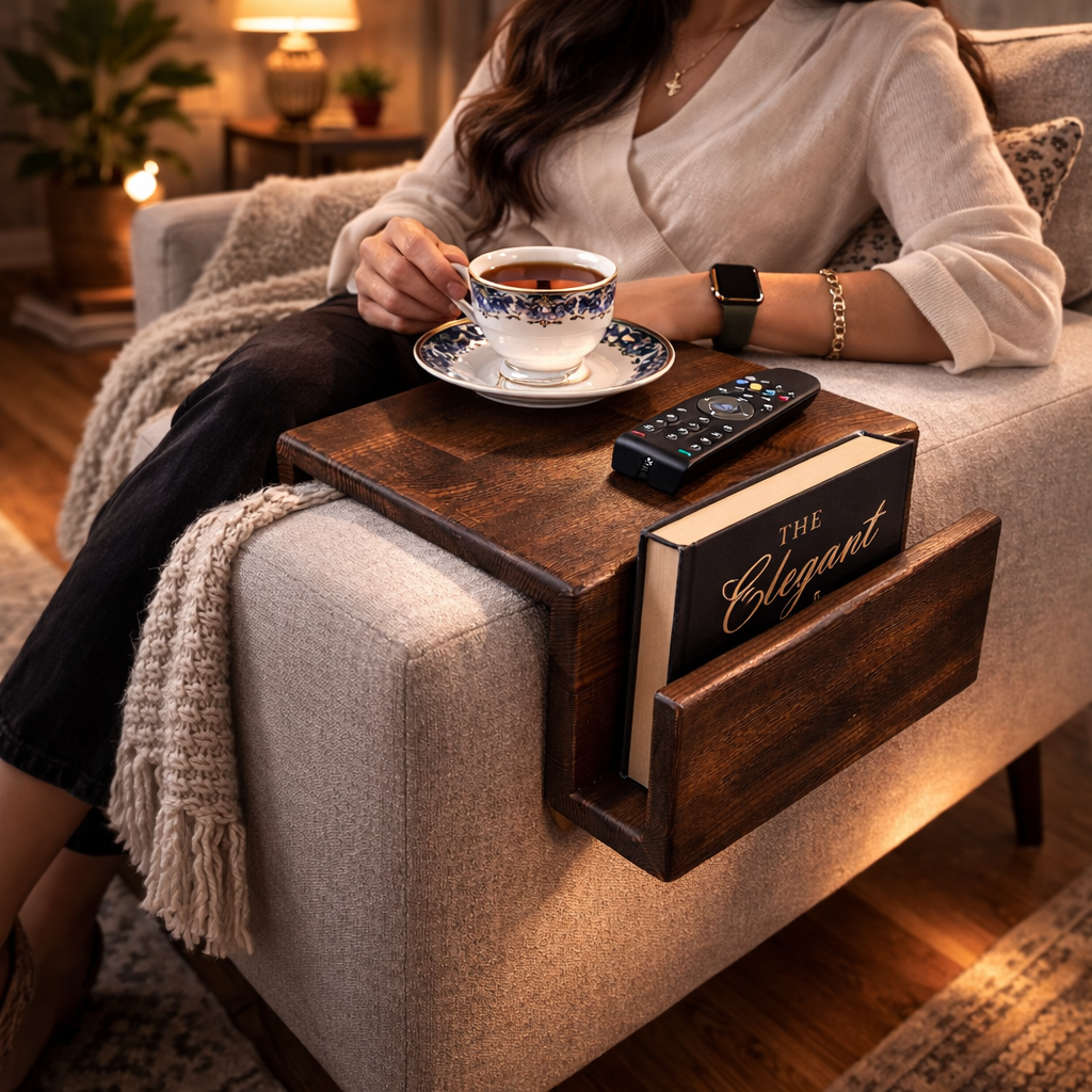 Wooden Sofa Arm Tray Table with Side Pocket – Couch Armrest Organizer for Remote, Books & Snacks – Non-Slip Couch Arm Table for Living Room – Rustic Brown Finish