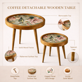 Handcrafted Wooden Round Coffee Table Set of 2 – Solid Wood Nesting Side Tables with Decorative Inlay Top for Living Room & Balcony