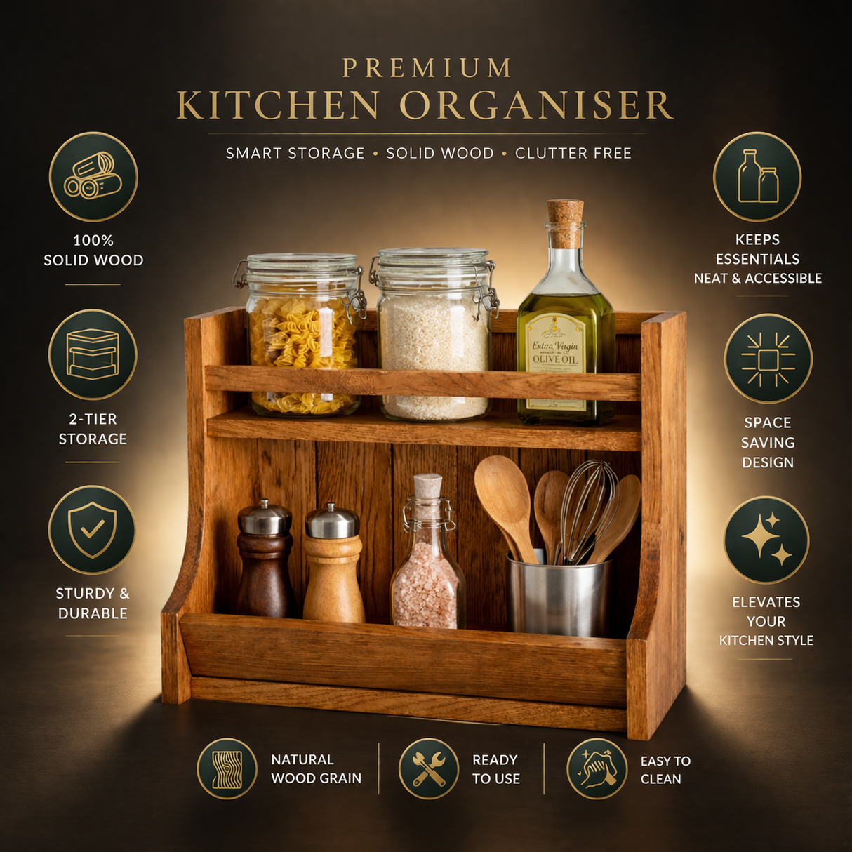 Wooden Kitchen Counter Organizer Rack – Spice Rack & Storage Shelf for Kitchen Countertop, Rustic Wooden Kitchen Organizer