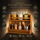 Wooden Kitchen Counter Organizer Rack – Spice Rack & Storage Shelf for Kitchen Countertop, Rustic Wooden Kitchen Organizer