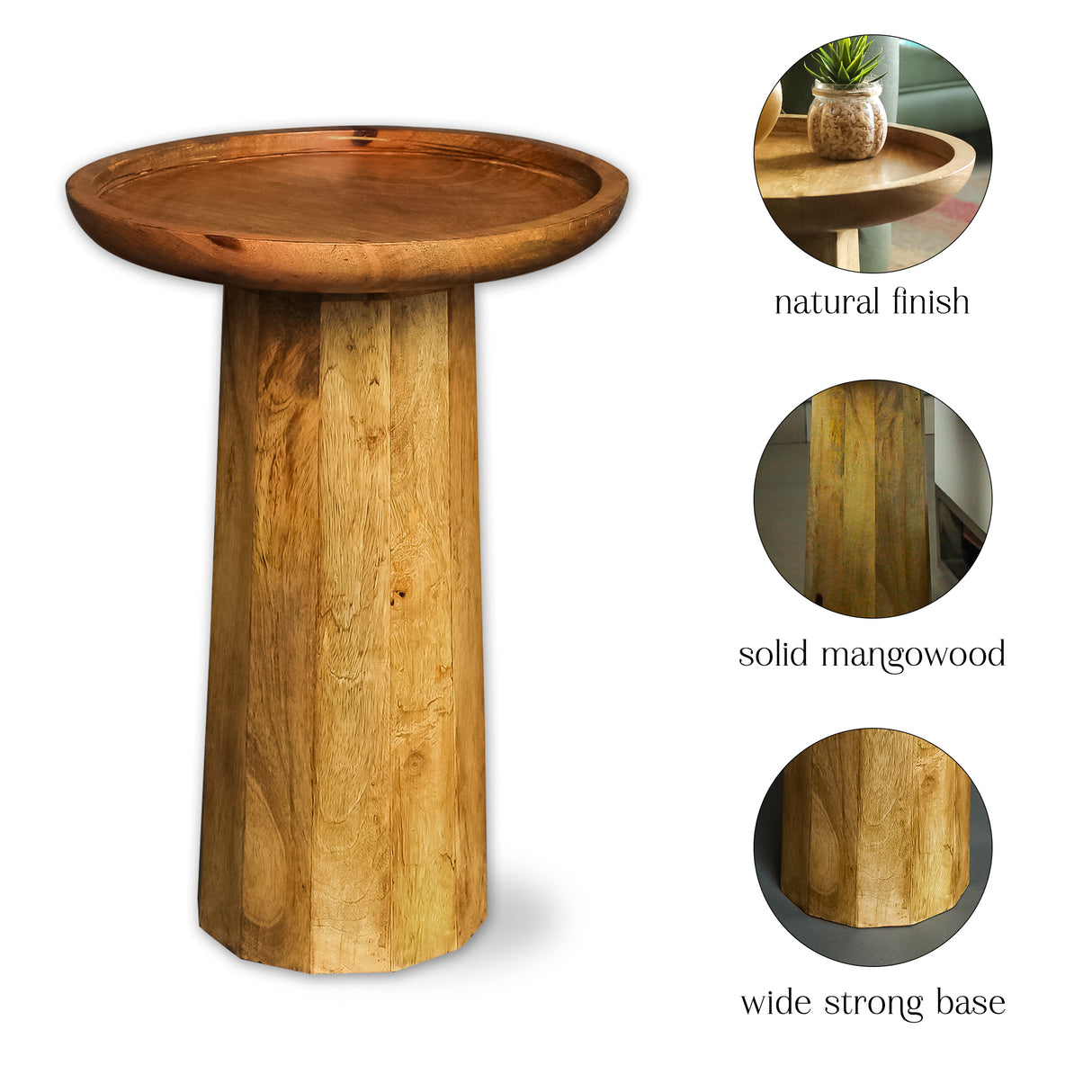 Natural Finish Round Solid Mango Wood Accent Table for Home Furniture