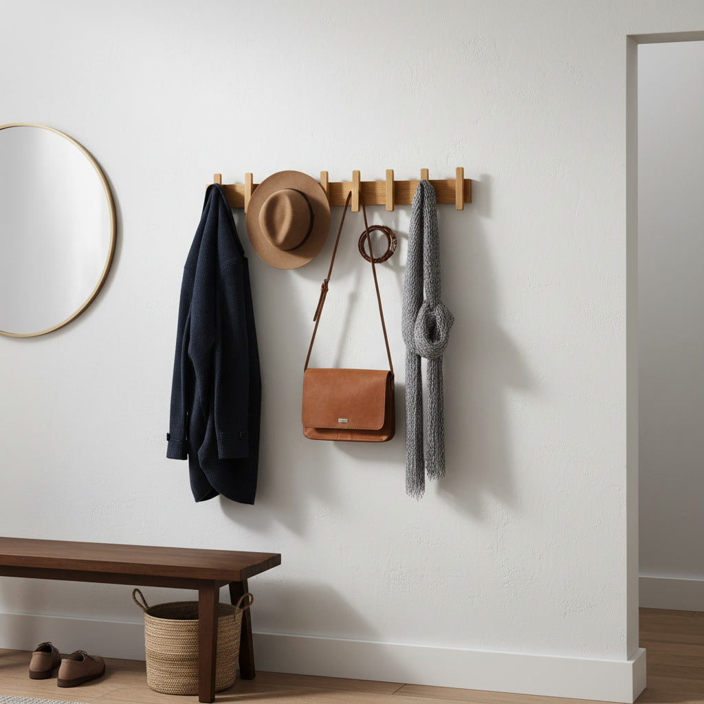 Wall Mounted Wooden Coat Rack with Hooks – Entryway Organizer for Hats, Bags & Jackets | Rustic Wood Wall Hanger