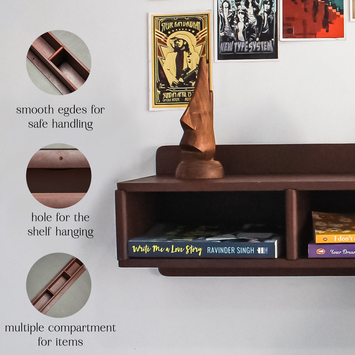 Modern Wooden Floating Wall Shelf with 3 Compartments