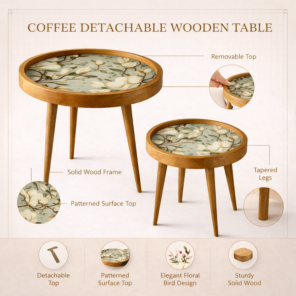 Handcrafted Wooden Coffee Table Set of 2 – Round Nesting Side Tables with Floral Inlay Top – Solid Wood Accent Tables for Living Room, Balcony & Bedroom Décor