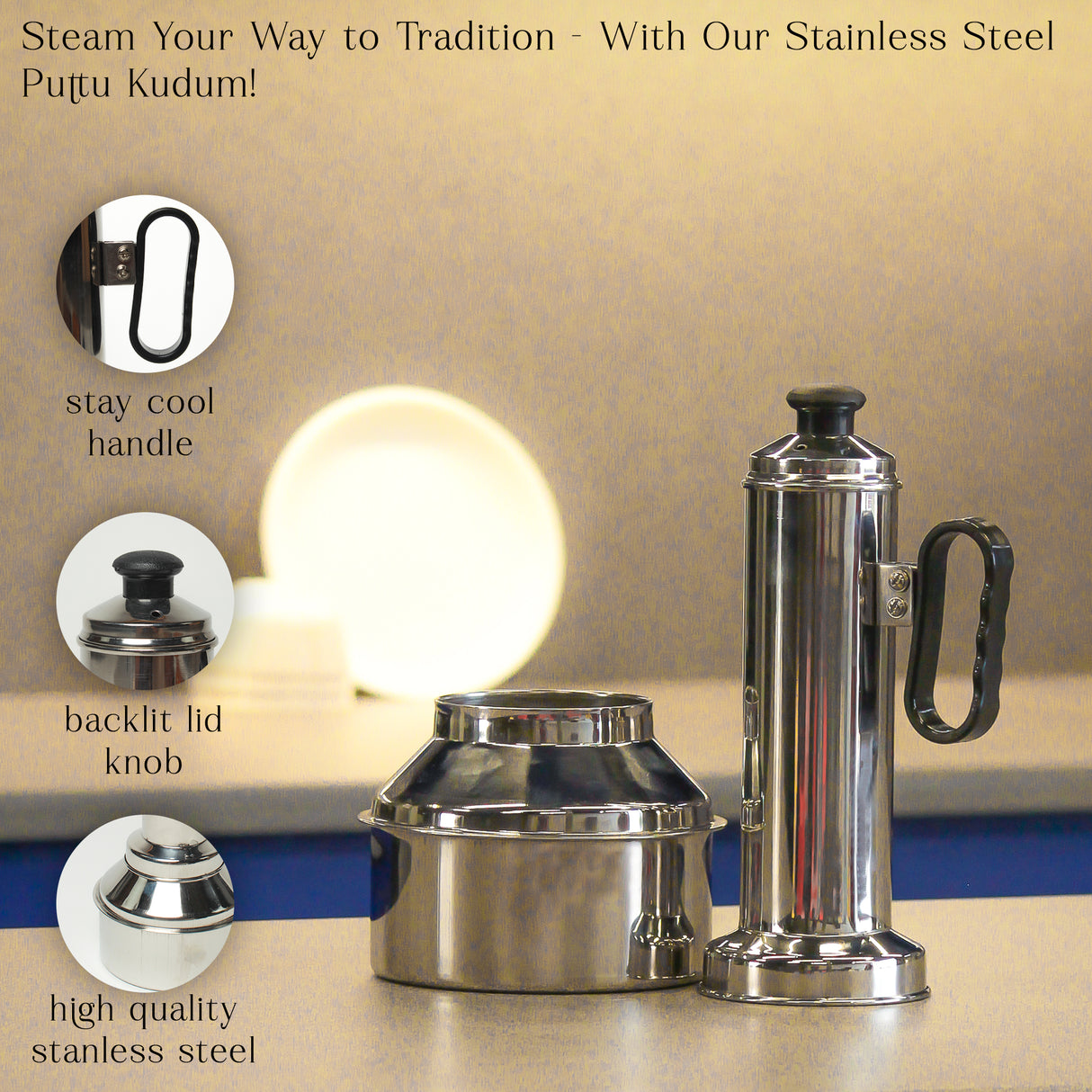 𝗦𝗮𝗹𝗲𝗯𝗲𝗿𝗮𝘁𝗲 Stainless Steel Puttu Maker – Traditional Puttu Kudam – Ideal for Soft, Fluffy Puttu Rice Cakes