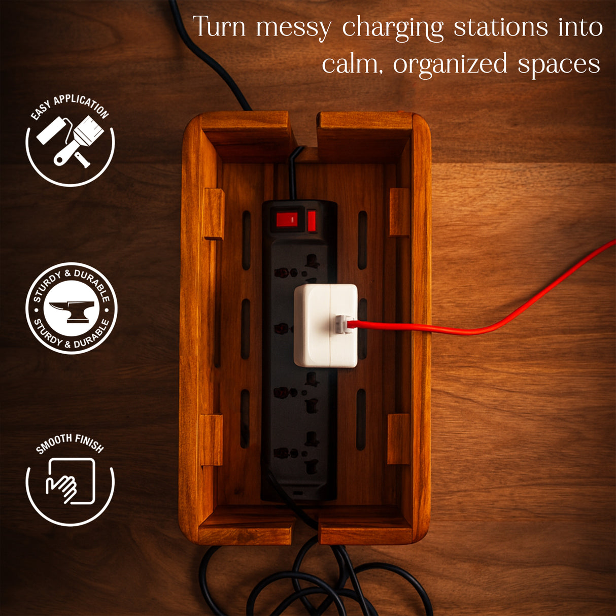 Handcrafted Wooden Cable Management Box - Premium Power Strip & Wire Organizer for Desk and Bedside