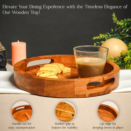 Handcrafted Wooden Round Tray with Handles - Serving Tray Coffee, Snacks & Kitchen