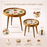 Handcrafted Wooden Coffee Table Set of 2 – Round Nesting Side Tables with Festive Printed Tray Top – Solid Wood Accent Tables for Living Room, Bedroom & Balcony Décor