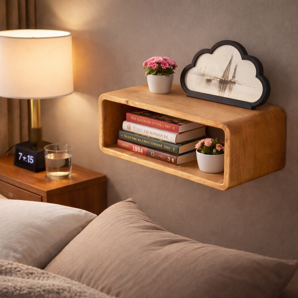 Floating Bedside Table Wall Mounted – Wooden Nightstand Shelf for Bedroom Storage & Home Décor