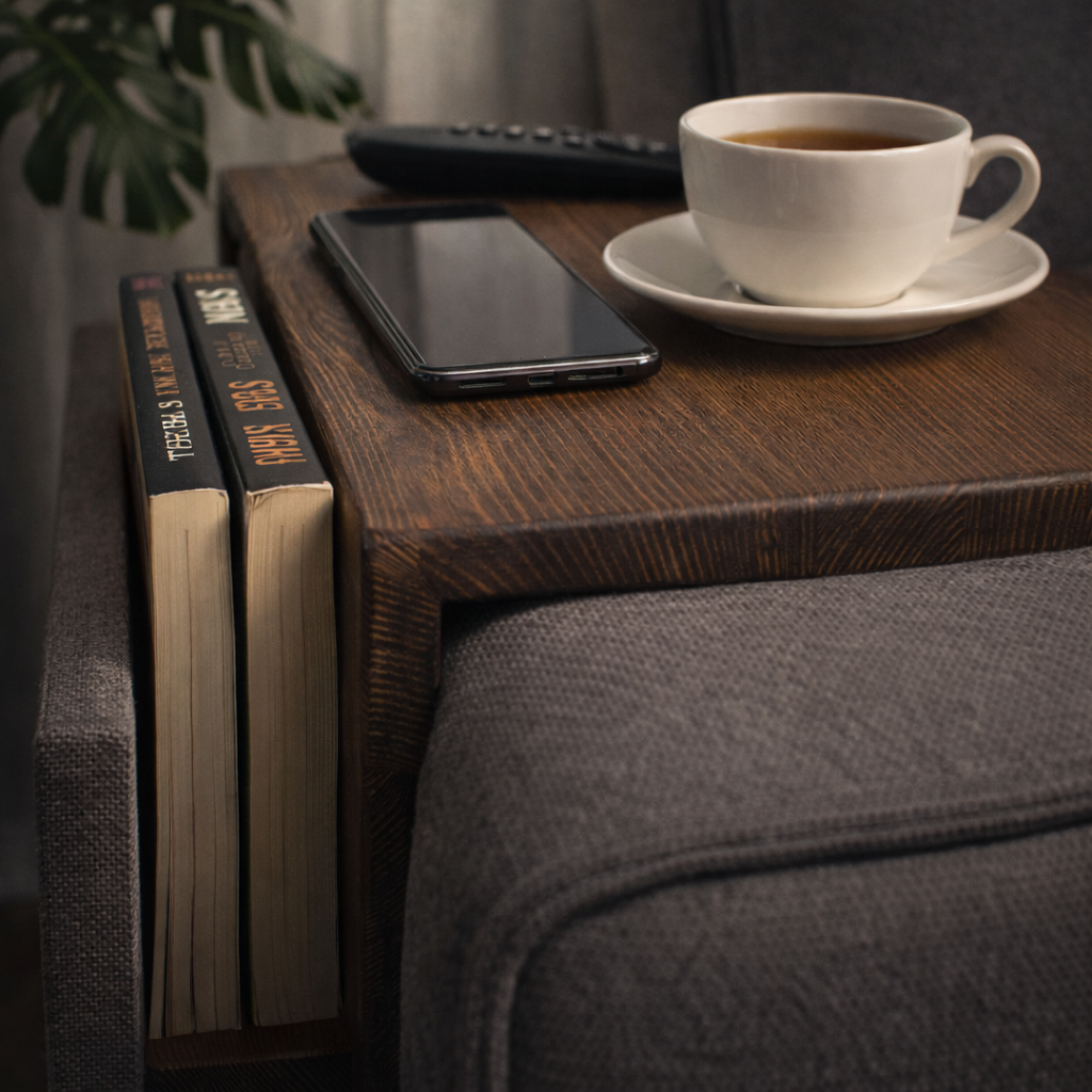 Wooden Sofa Arm Tray Table with Side Pocket – Couch Armrest Organizer for Remote, Books & Snacks – Non-Slip Couch Arm Table for Living Room – Rustic Brown Finish