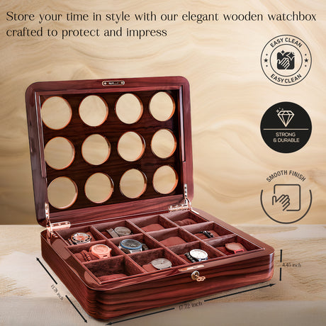 Luxury Acacia Wood Watch Box with Glass Lid, 12-Slot Watch Organizer with Key Lock