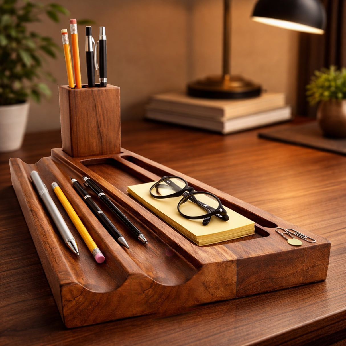 Wooden Desk Organizer & Pen Holder – Solid Wood Desktop Stationery Stand for Office Table, Study Desk & Home Workspace