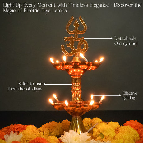 Get FREE Wall Hanging | Electric Diya Lamp for Mandir Décor | OM & Trishul Design | Multi-Level Deepam Vilakku for Diwali, Pooja, Temple, and Home Décor