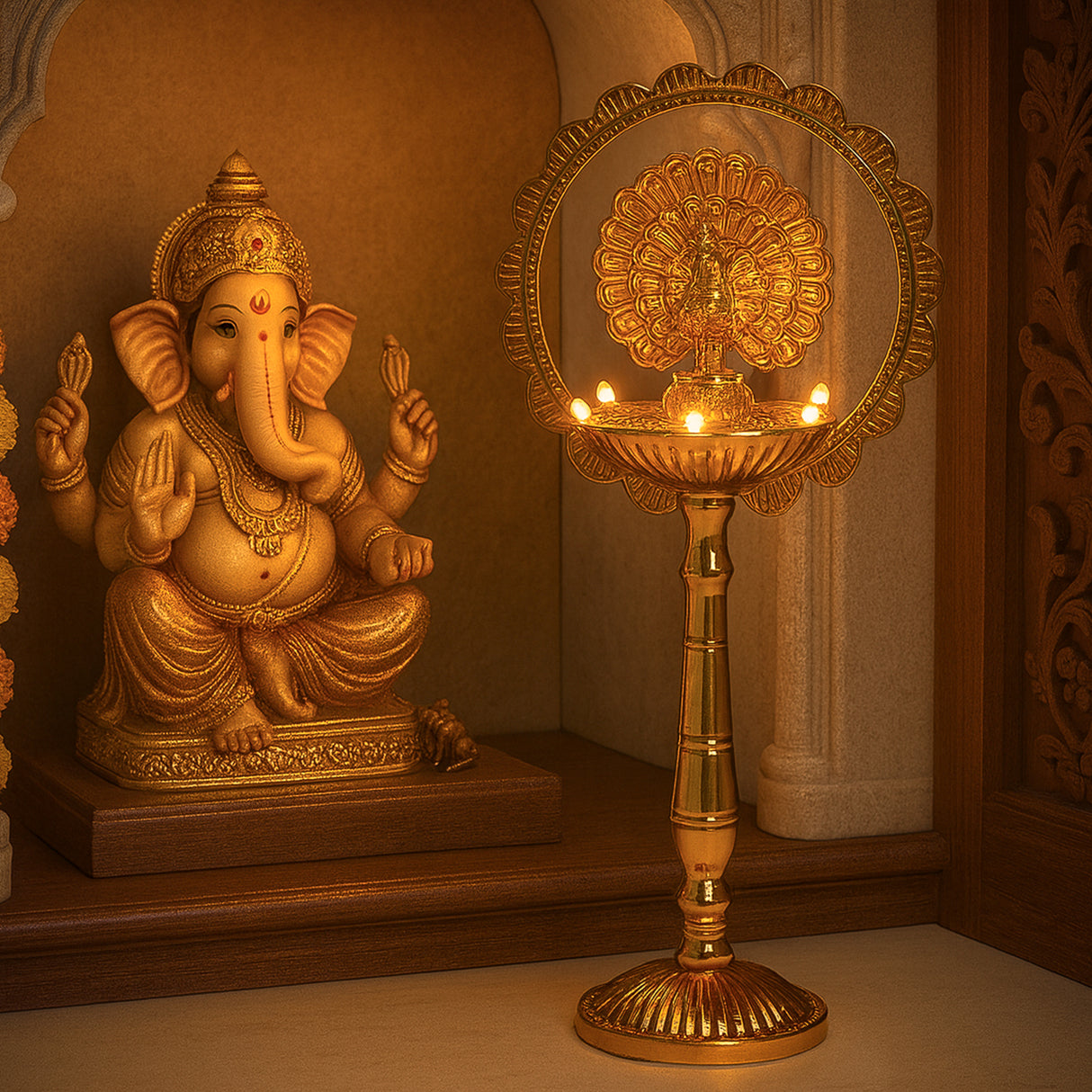 Saleberate Electric LED Diya Lamp - Golden Plastic Pooja Light with Peacock Design - Home Temple Decor, Mandir Diya for Diwali & Religious Ceremonies (15 Inch)