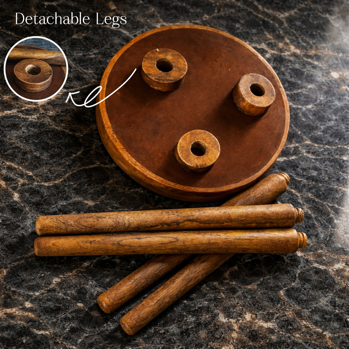 Handcrafted Wooden Round Side Table with Detachable Legs – Solid Wood Accent Table for Living Room, Bedroom & Home Décor